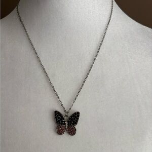 Silver Tone Butterfly Pendant Necklace Pink & Black Rhinestones